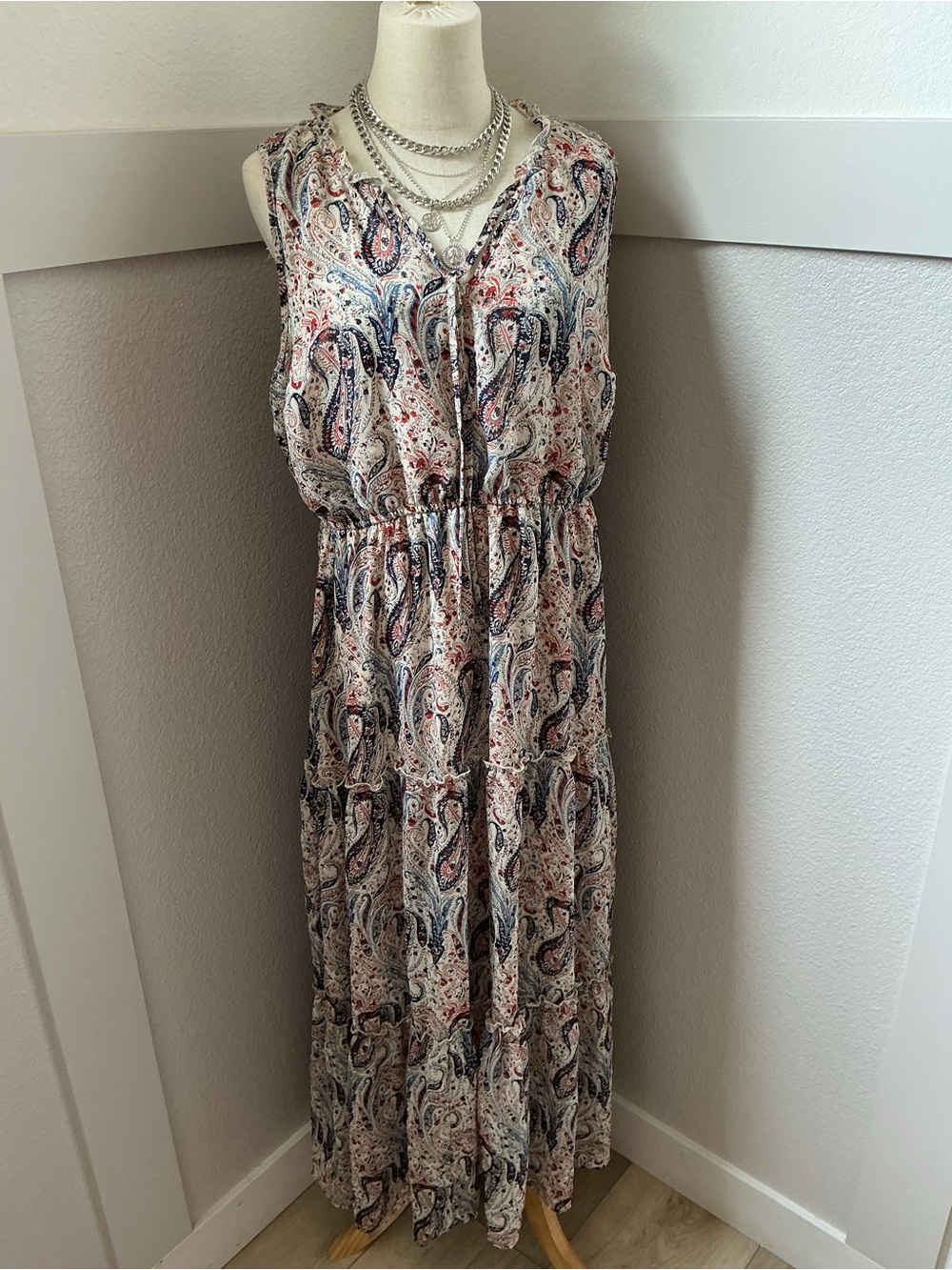 Indigo Rose Paisley Maxi Dress - Sleeveless Tie Neck - Picture 2 of 9